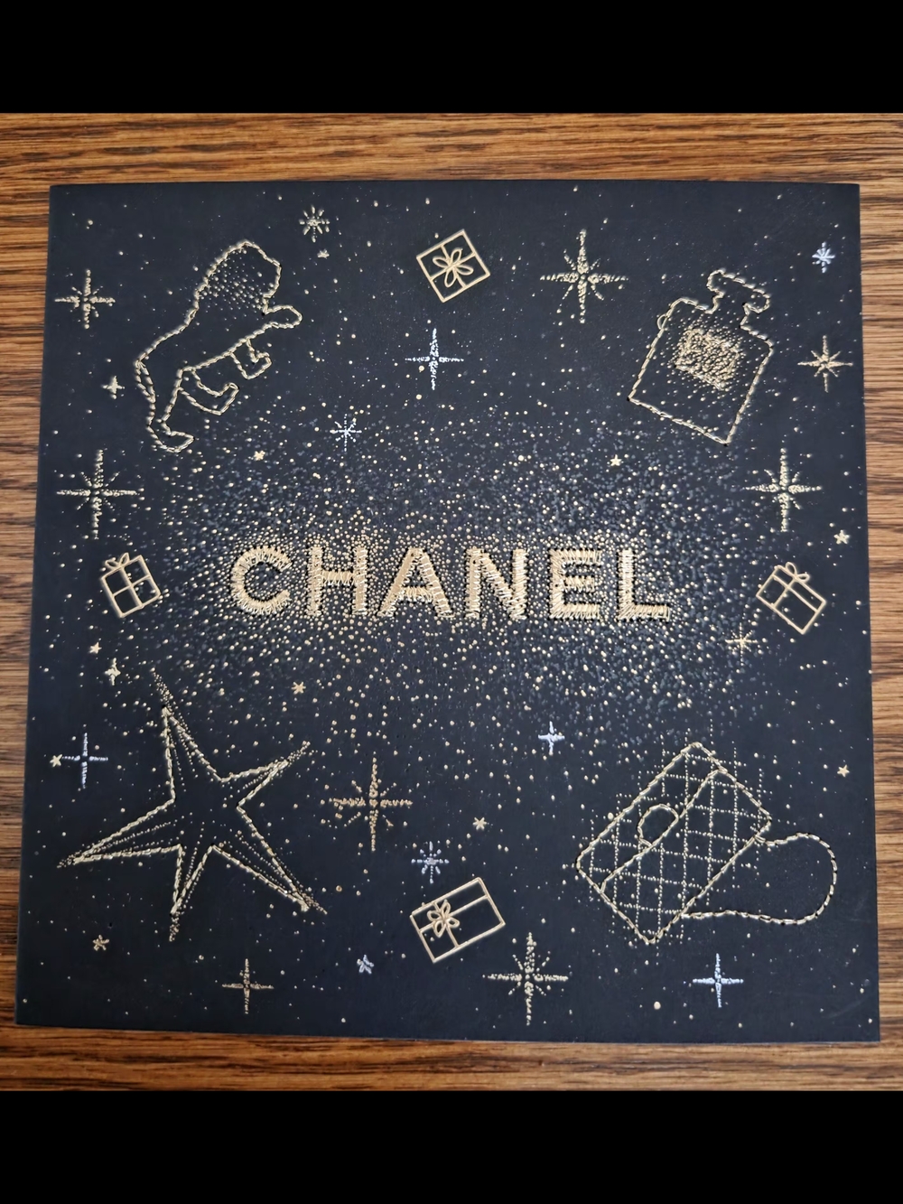 Authentic CHANEL Gold Glitter Logo Art Print Card on Black